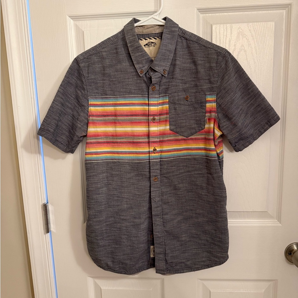 Vans Off the Wall Men's Gray Retro Striped Short Sleeve Shirt size S